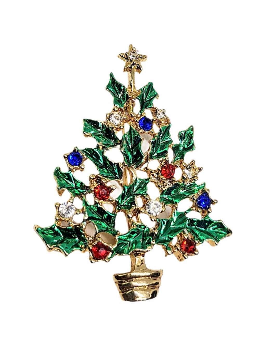 🆕 Vintage Gold Tone Green Enamel Rhinestone Christmas Tree Brooch Pin Signed